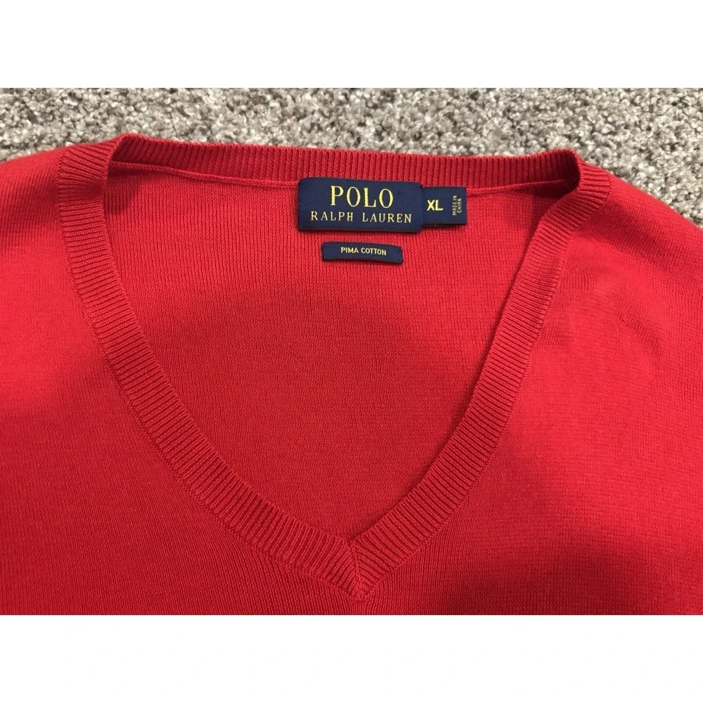 Polo Ralph Lauren Men's Red Pima Cotton‎ V-Neck Sweater Size XL Pony